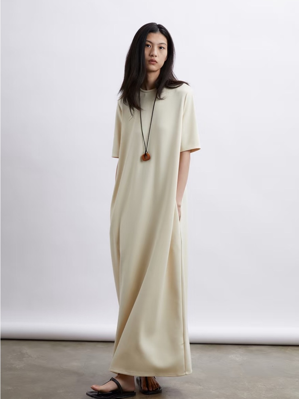 Minimalist Cream Maxi T-Shirt Dress - Picture 1 of 6